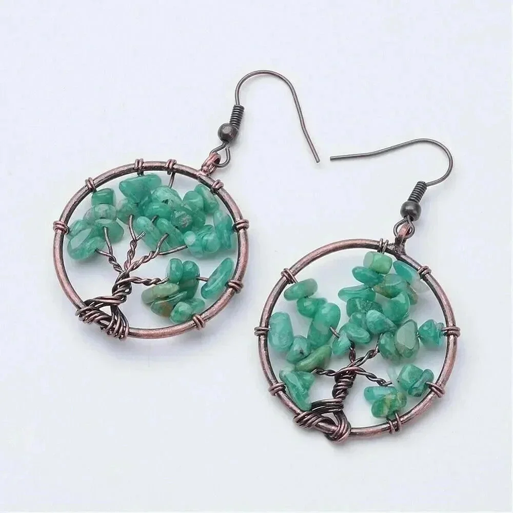 Rustic Antique Copper Amazonite Tree of Life Gemstone Beads Dangle Earrings